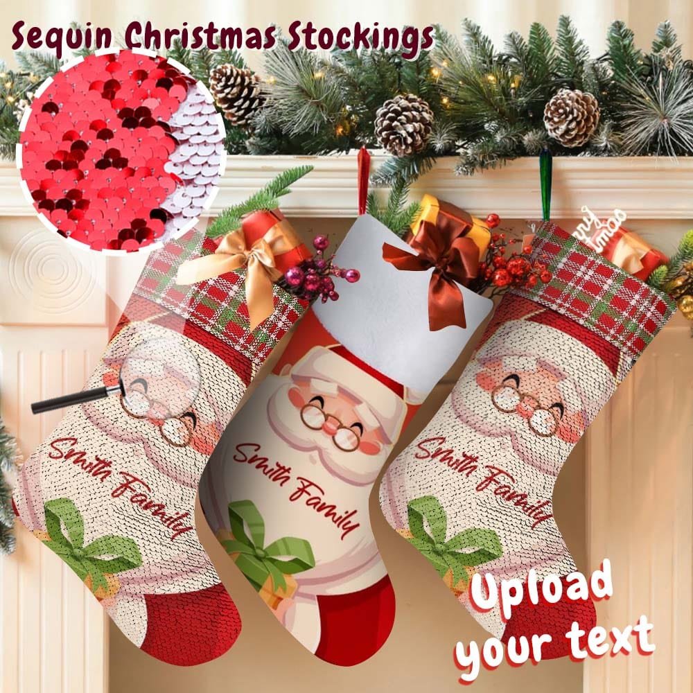 Custom 16.5in(L) Super Size-Custom Text Santa Claus Christmas Socks Flip Sequins Christmas Stocking - YesCustom