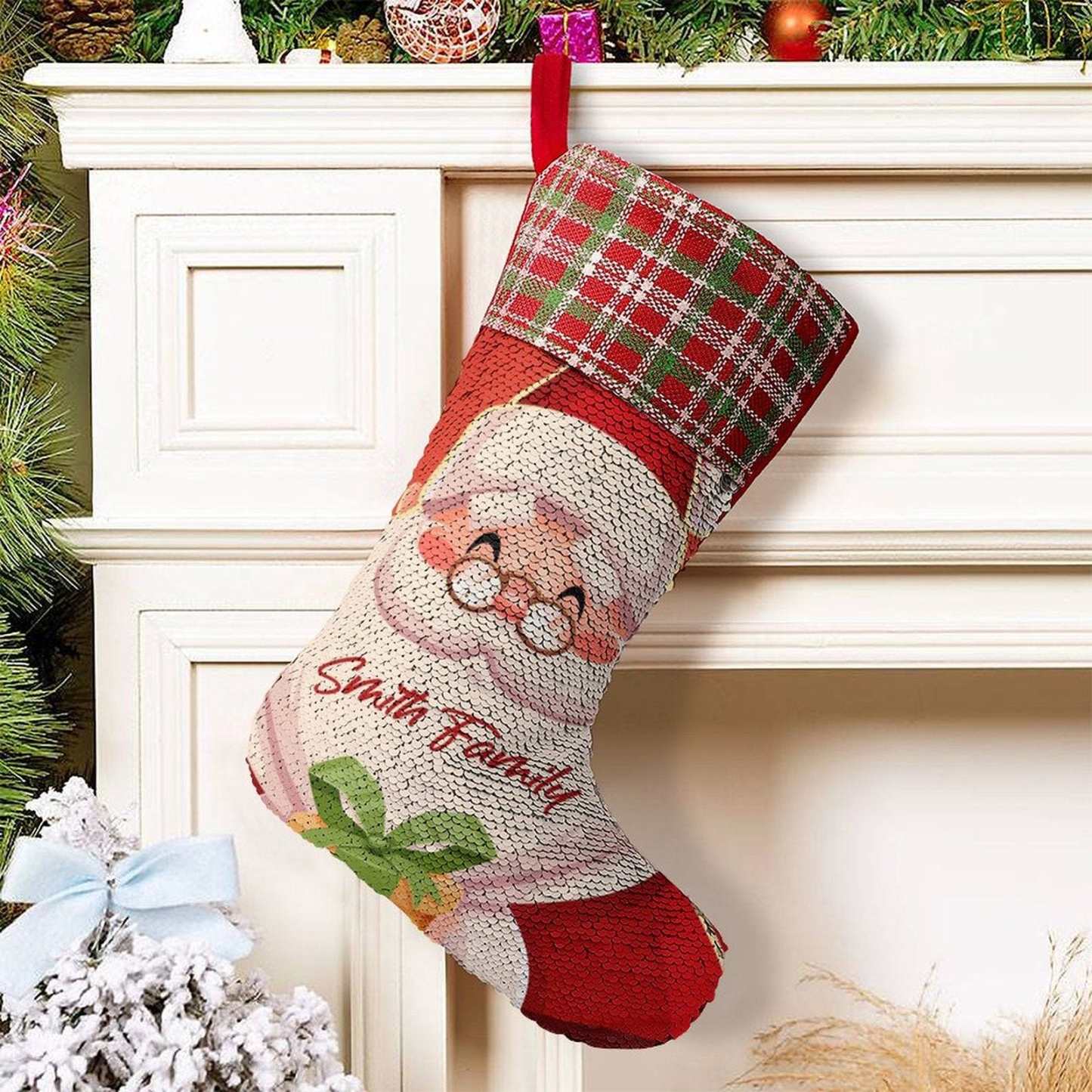 Custom 16.5in(L) Super Size-Custom Text Santa Claus Christmas Socks Flip Sequins Christmas Stocking - YesCustom