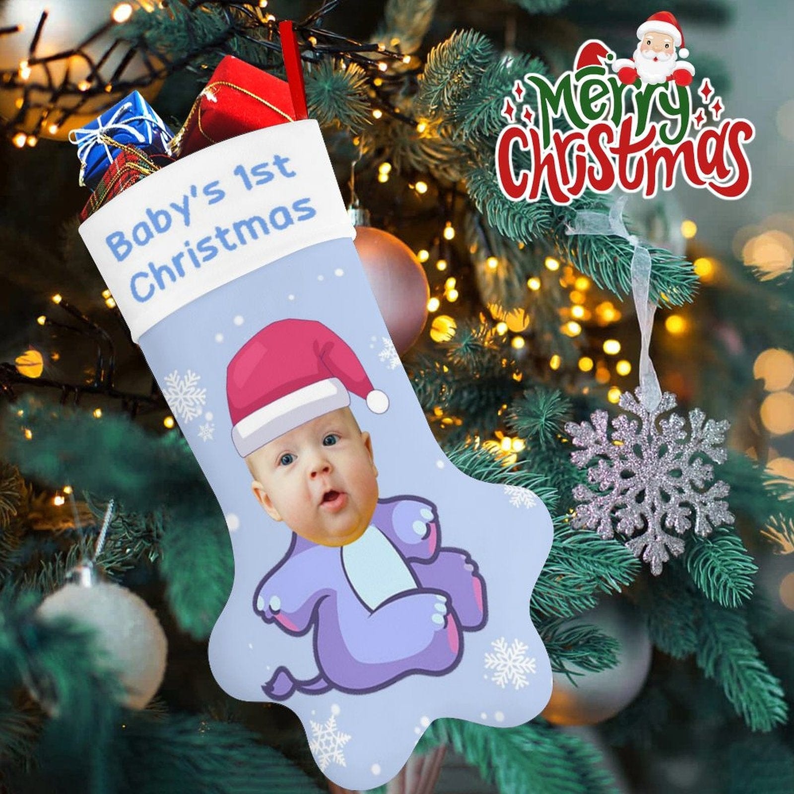 Custom 16.6in(L) Plus Size-Custom Baby's Face&Text Socks Paw Christmas Stocking Holiday Decor Gifts - YesCustom