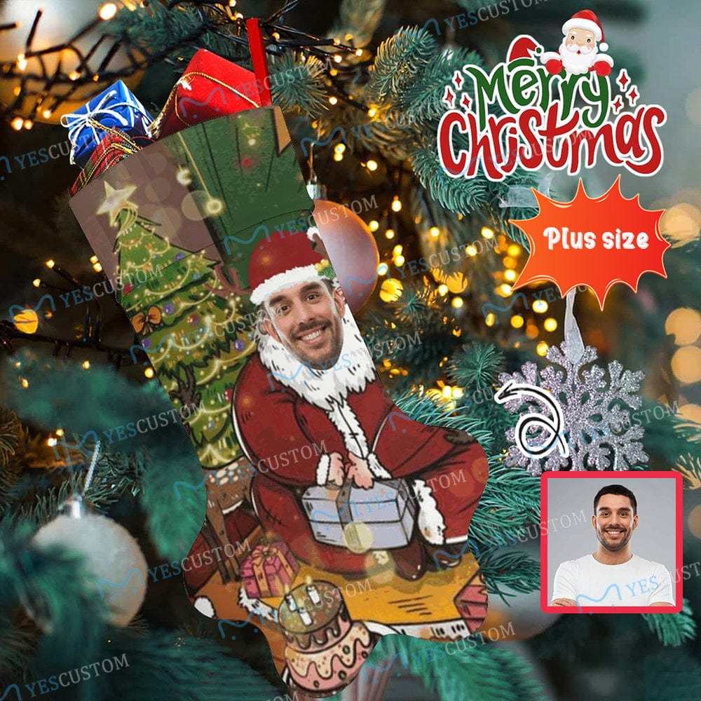 Custom 16.6in(L) Plus Size-Custom Face Santa Claus Socks Paw Christmas Stocking Holiday Decor Gifts - YesCustom
