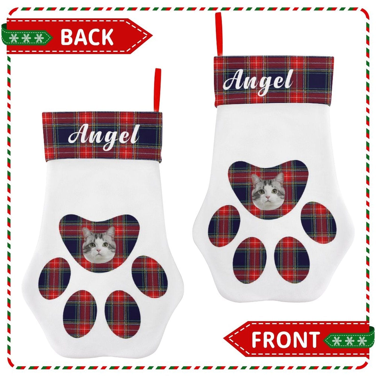 Custom 16.6in(L) Plus Size-Custom Pet Face Plaid Socks Paw Christmas Stocking Holiday Decor Gifts - YesCustom