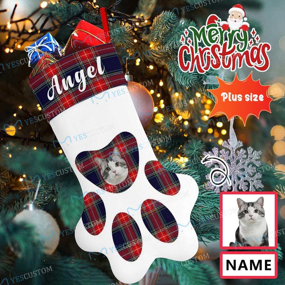 Custom 16.6in(L) Plus Size-Custom Pet Face Plaid Socks Paw Christmas Stocking Holiday Decor Gifts - YesCustom