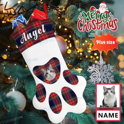 Custom 16.6in(L) Plus Size-Custom Pet Face Plaid Socks Paw Christmas Stocking Holiday Decor Gifts - YesCustom