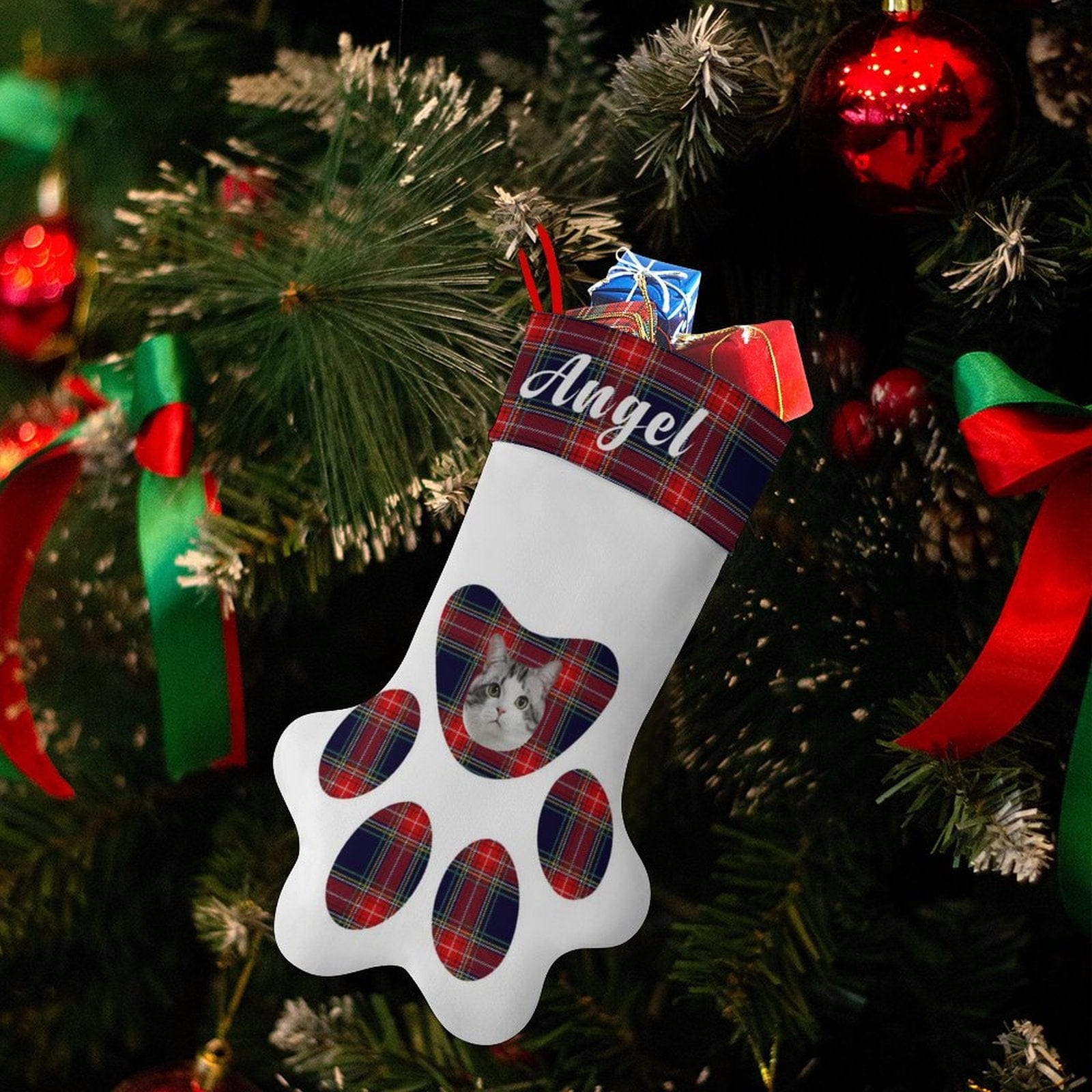 Custom 16.6in(L) Plus Size-Custom Pet Face Plaid Socks Paw Christmas Stocking Holiday Decor Gifts - YesCustom
