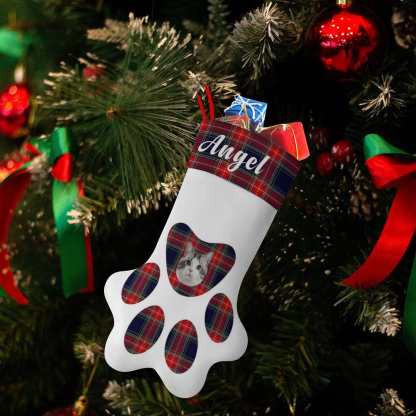 Custom 16.6in(L) Plus Size-Custom Pet Face Plaid Socks Paw Christmas Stocking Holiday Decor Gifts - YesCustom
