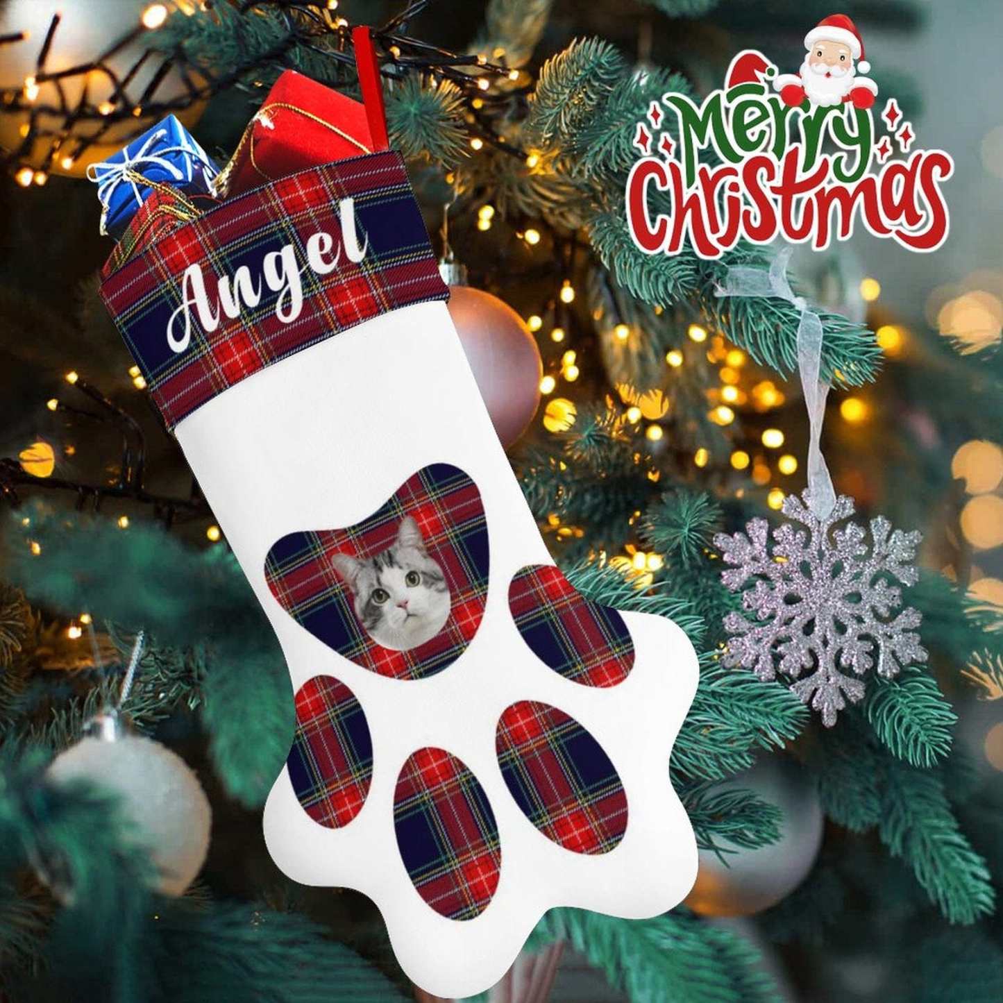 Custom 16.6in(L) Plus Size-Custom Pet Face Plaid Socks Paw Christmas Stocking Holiday Decor Gifts - YesCustom