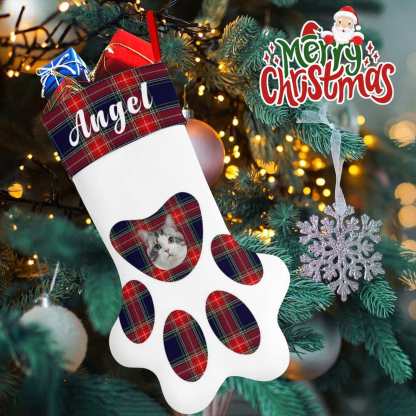 Custom 16.6in(L) Plus Size-Custom Pet Face Plaid Socks Paw Christmas Stocking Holiday Decor Gifts - YesCustom
