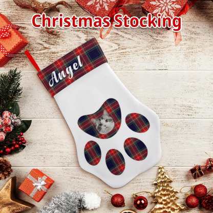 Custom 16.6in(L) Plus Size-Custom Pet Face Plaid Socks Paw Christmas Stocking Holiday Decor Gifts - YesCustom