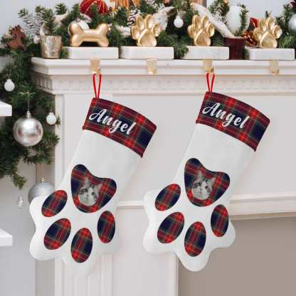 Custom 16.6in(L) Plus Size-Custom Pet Face Plaid Socks Paw Christmas Stocking Holiday Decor Gifts - YesCustom