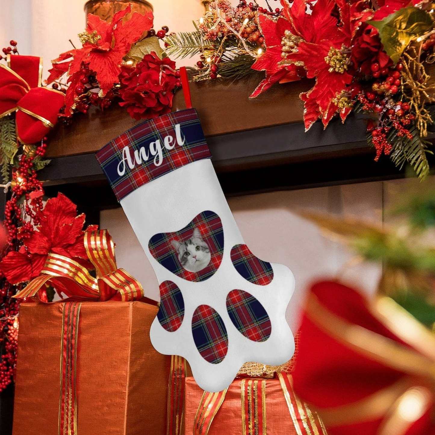 Custom 16.6in(L) Plus Size-Custom Pet Face Plaid Socks Paw Christmas Stocking Holiday Decor Gifts - YesCustom