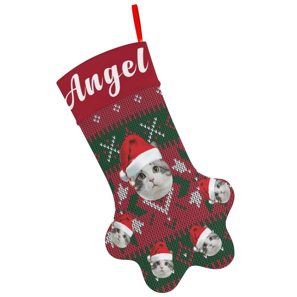 Custom 16.6in(L) Plus Size-Custom Pet Face Red And Green Background & Name Socks Paw Christmas Stocking Holiday Decor Gifts - YesCustom