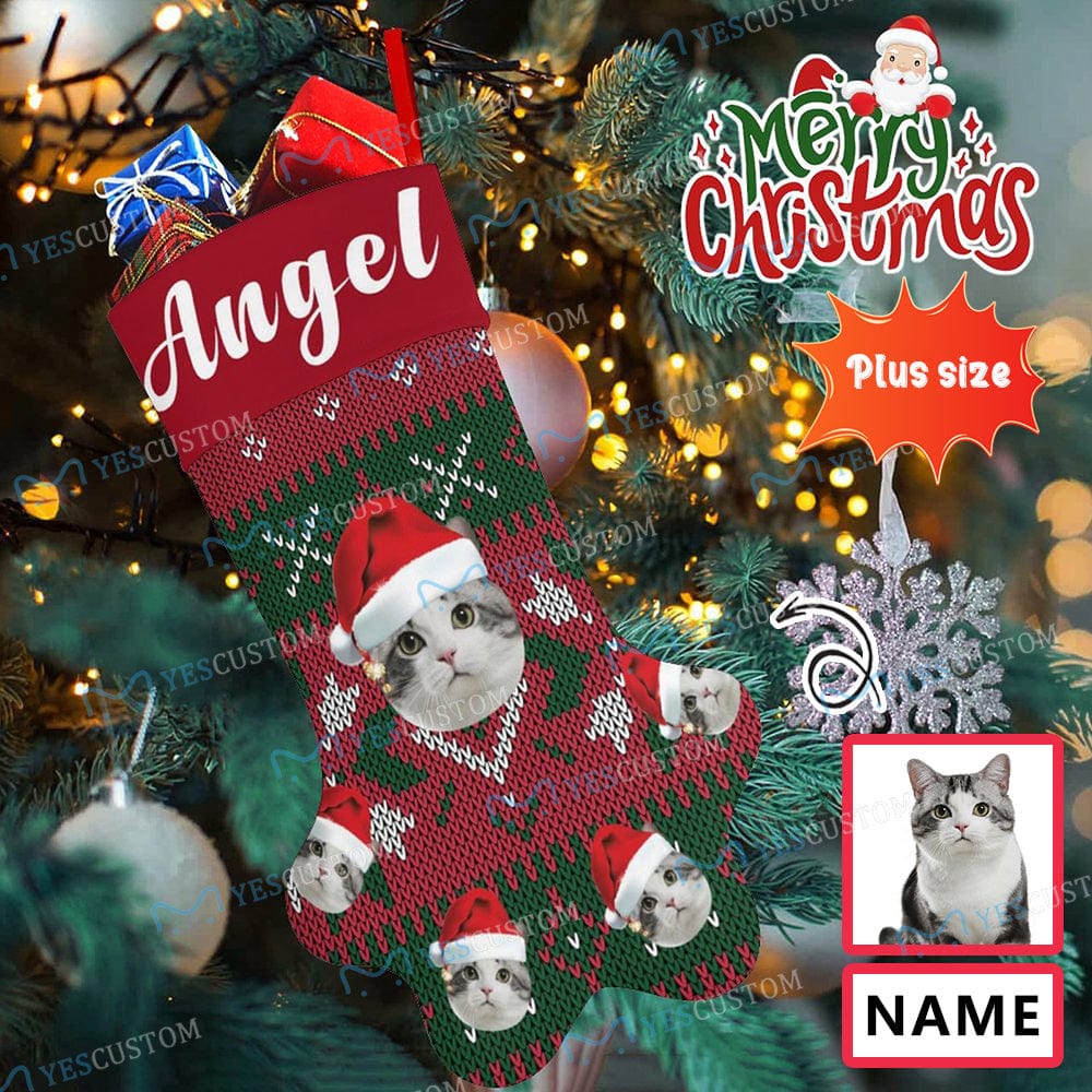 Custom 16.6in(L) Plus Size-Custom Pet Face Red And Green Background & Name Socks Paw Christmas Stocking Holiday Decor Gifts - YesCustom