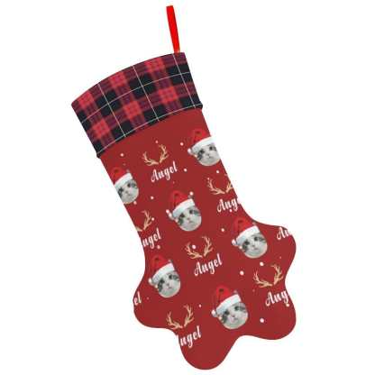 Custom 16.6in(L) Plus Size-Custom Pet Face Red Hat Socks Paw Christmas Stocking Holiday Decor Gifts - YesCustom
