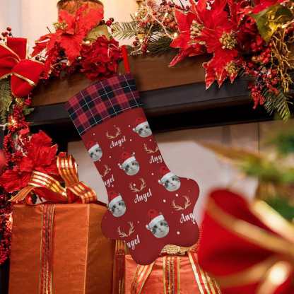 Custom 16.6in(L) Plus Size-Custom Pet Face Red Hat Socks Paw Christmas Stocking Holiday Decor Gifts - YesCustom