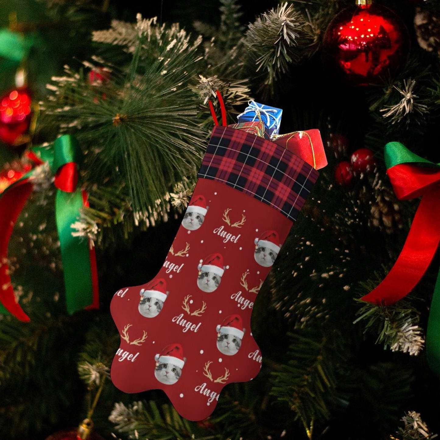 Custom 16.6in(L) Plus Size-Custom Pet Face Red Hat Socks Paw Christmas Stocking Holiday Decor Gifts - YesCustom
