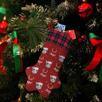 Custom 16.6in(L) Plus Size-Custom Pet Face Red Hat Socks Paw Christmas Stocking Holiday Decor Gifts - YesCustom
