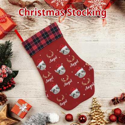 Custom 16.6in(L) Plus Size-Custom Pet Face Red Hat Socks Paw Christmas Stocking Holiday Decor Gifts - YesCustom