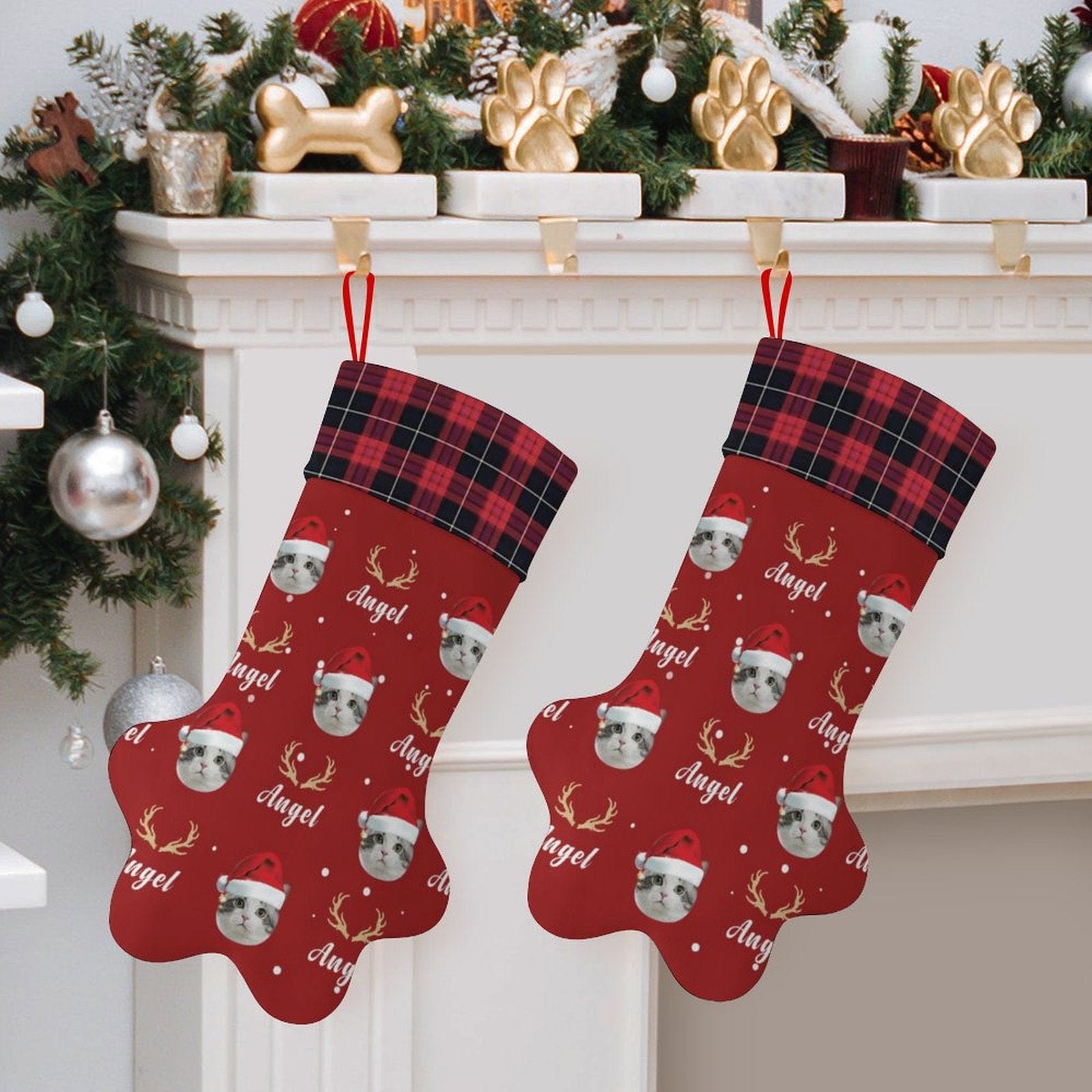 Custom 16.6in(L) Plus Size-Custom Pet Face Red Hat Socks Paw Christmas Stocking Holiday Decor Gifts - YesCustom