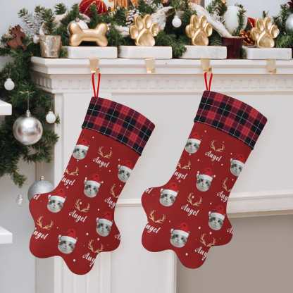 Custom 16.6in(L) Plus Size-Custom Pet Face Red Hat Socks Paw Christmas Stocking Holiday Decor Gifts - YesCustom