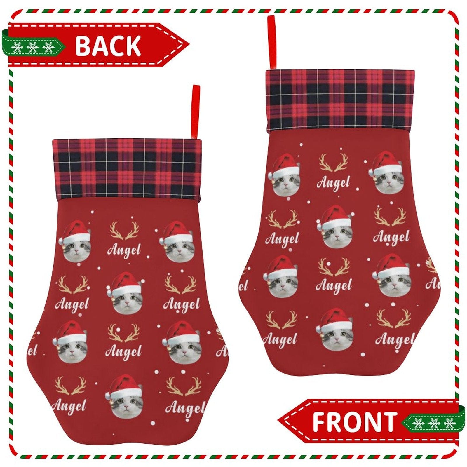 Custom 16.6in(L) Plus Size-Custom Pet Face Red Hat Socks Paw Christmas Stocking Holiday Decor Gifts - YesCustom