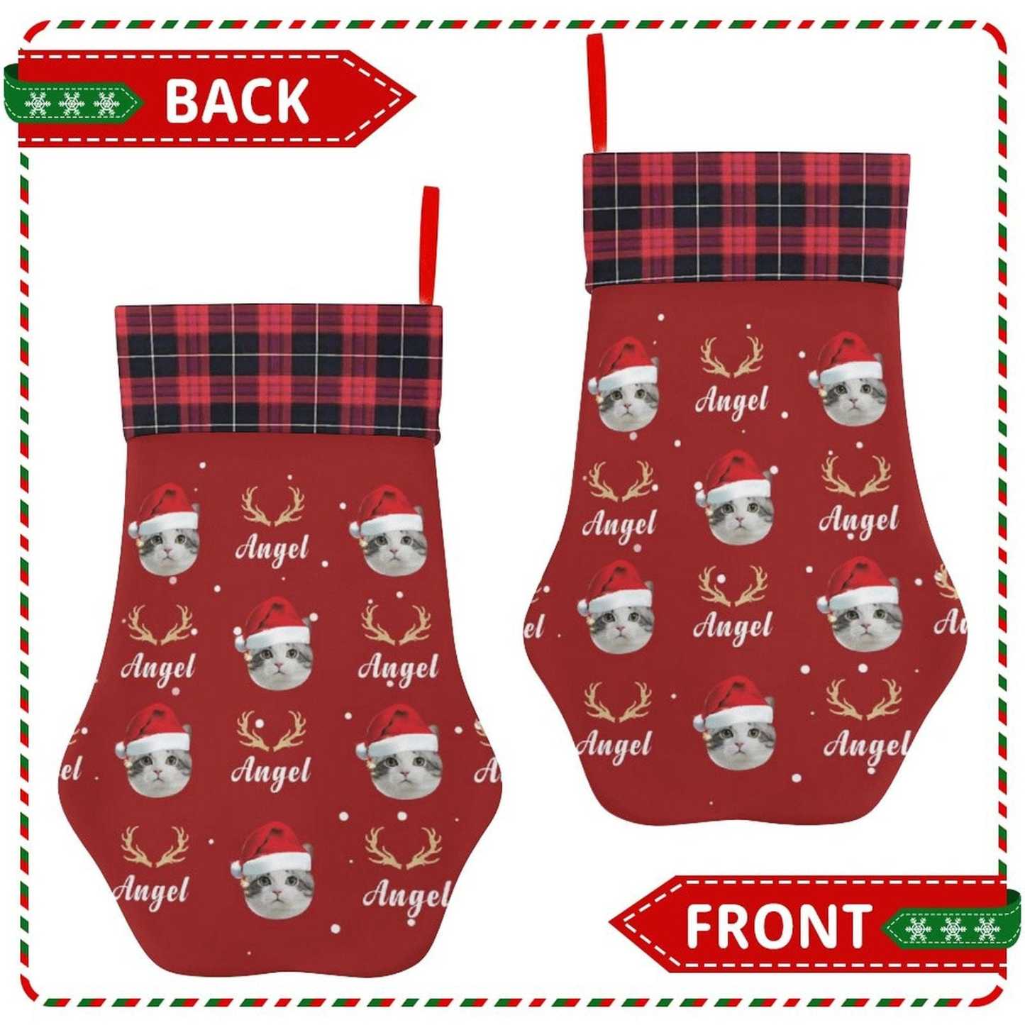 Custom 16.6in(L) Plus Size-Custom Pet Face Red Hat Socks Paw Christmas Stocking Holiday Decor Gifts - YesCustom
