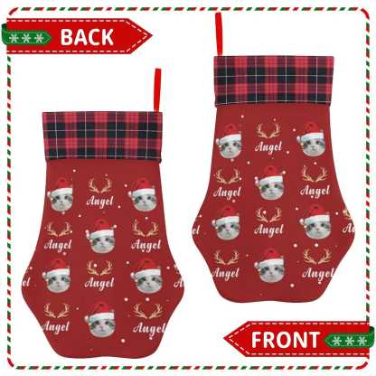 Custom 16.6in(L) Plus Size-Custom Pet Face Red Hat Socks Paw Christmas Stocking Holiday Decor Gifts - YesCustom