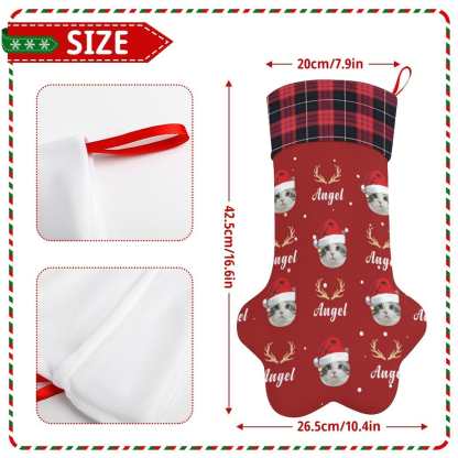 Custom 16.6in(L) Plus Size-Custom Pet Face Red Hat Socks Paw Christmas Stocking Holiday Decor Gifts - YesCustom