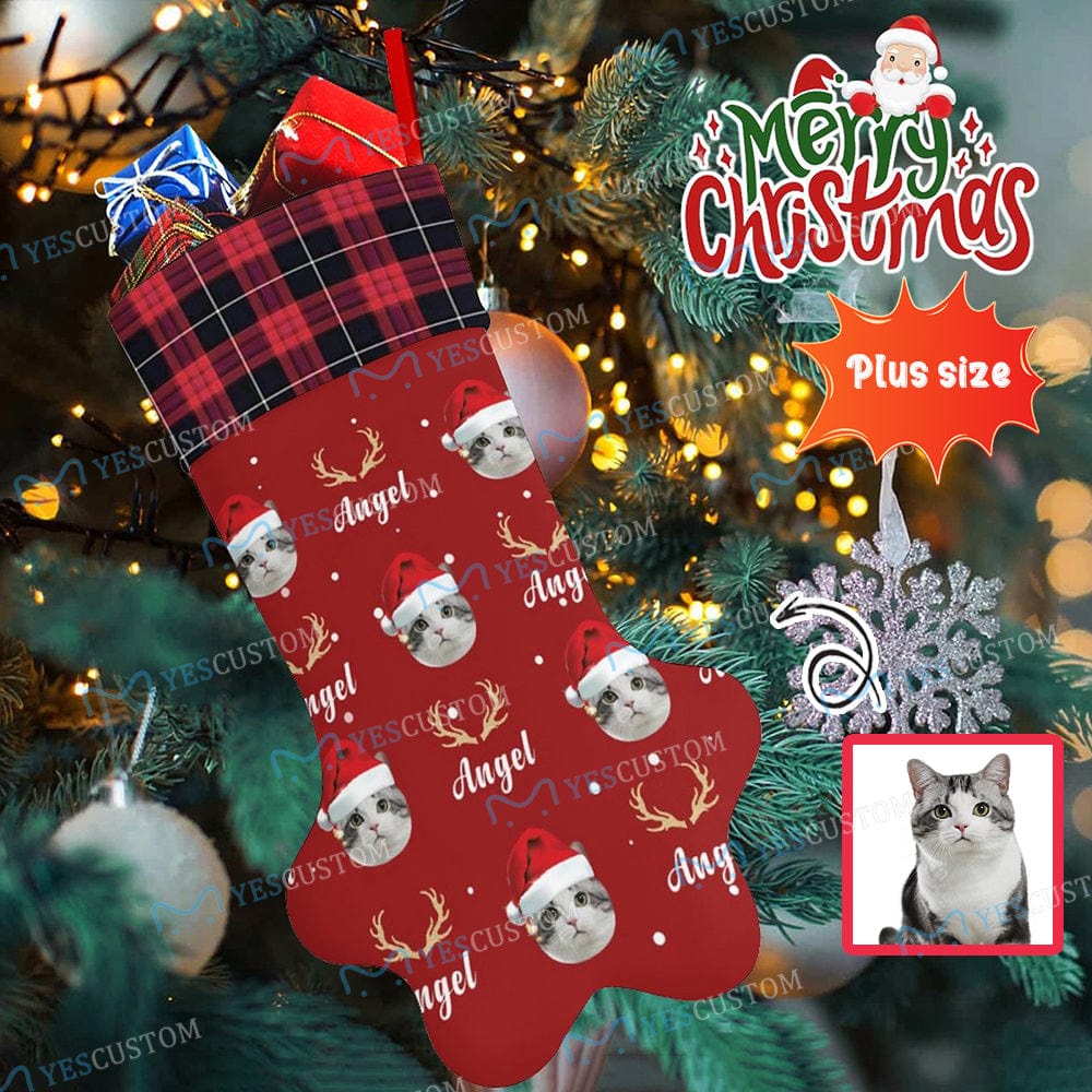 Custom 16.6in(L) Plus Size-Custom Pet Face Red Hat Socks Paw Christmas Stocking Holiday Decor Gifts - YesCustom