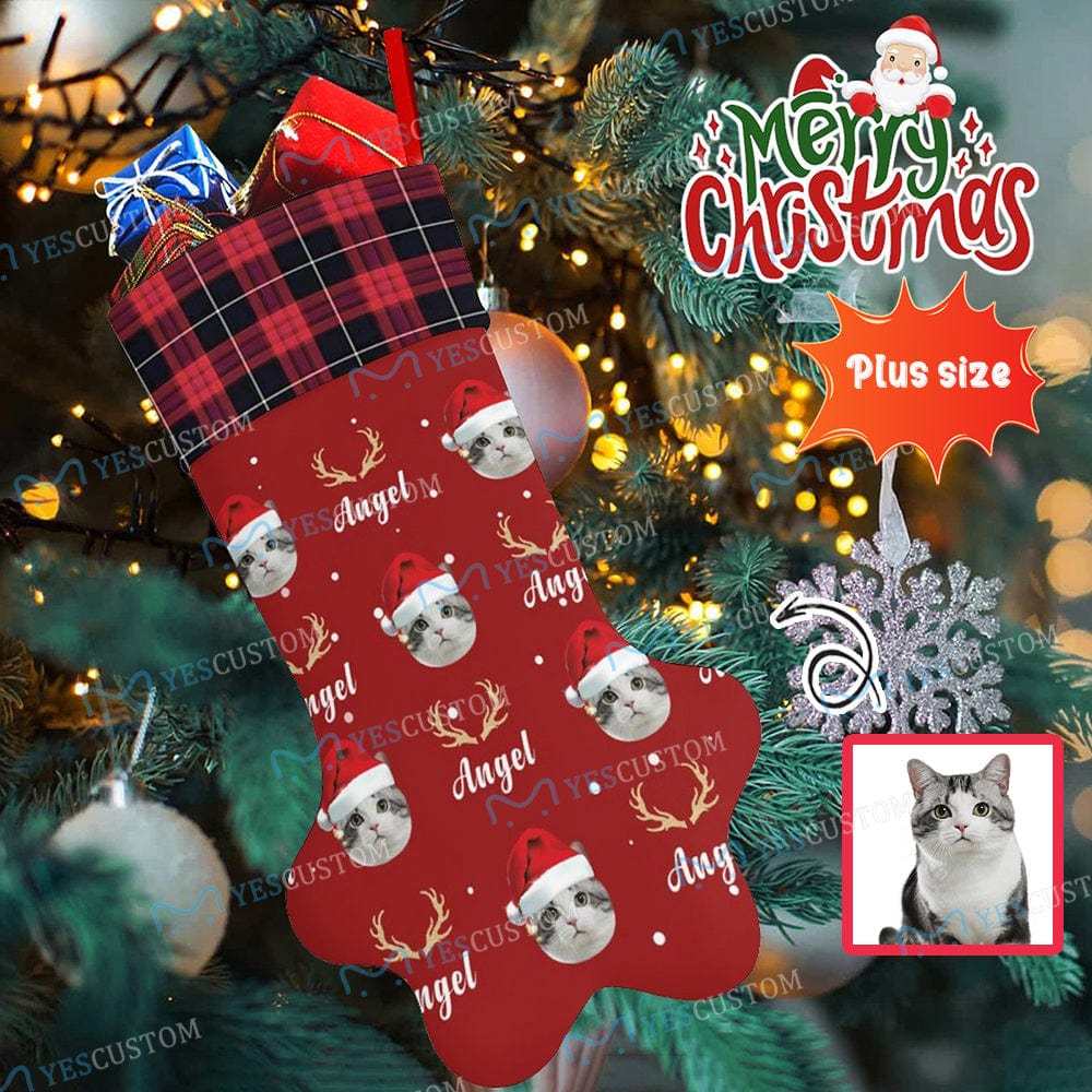 Custom 16.6in(L) Plus Size-Custom Pet Face Red Hat Socks Paw Christmas Stocking Holiday Decor Gifts - YesCustom