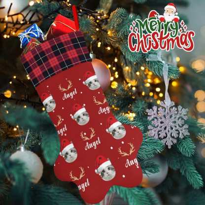 Custom 16.6in(L) Plus Size-Custom Pet Face Red Hat Socks Paw Christmas Stocking Holiday Decor Gifts - YesCustom