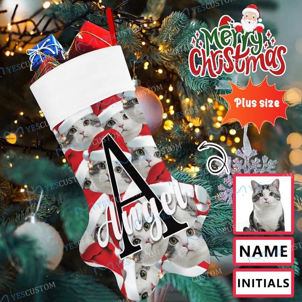 Custom 16.6in(L) Plus Size-Custom Seamless Face Red Hat&Name Socks Paw Christmas Stocking Holiday Decor Gifts - YesCustom