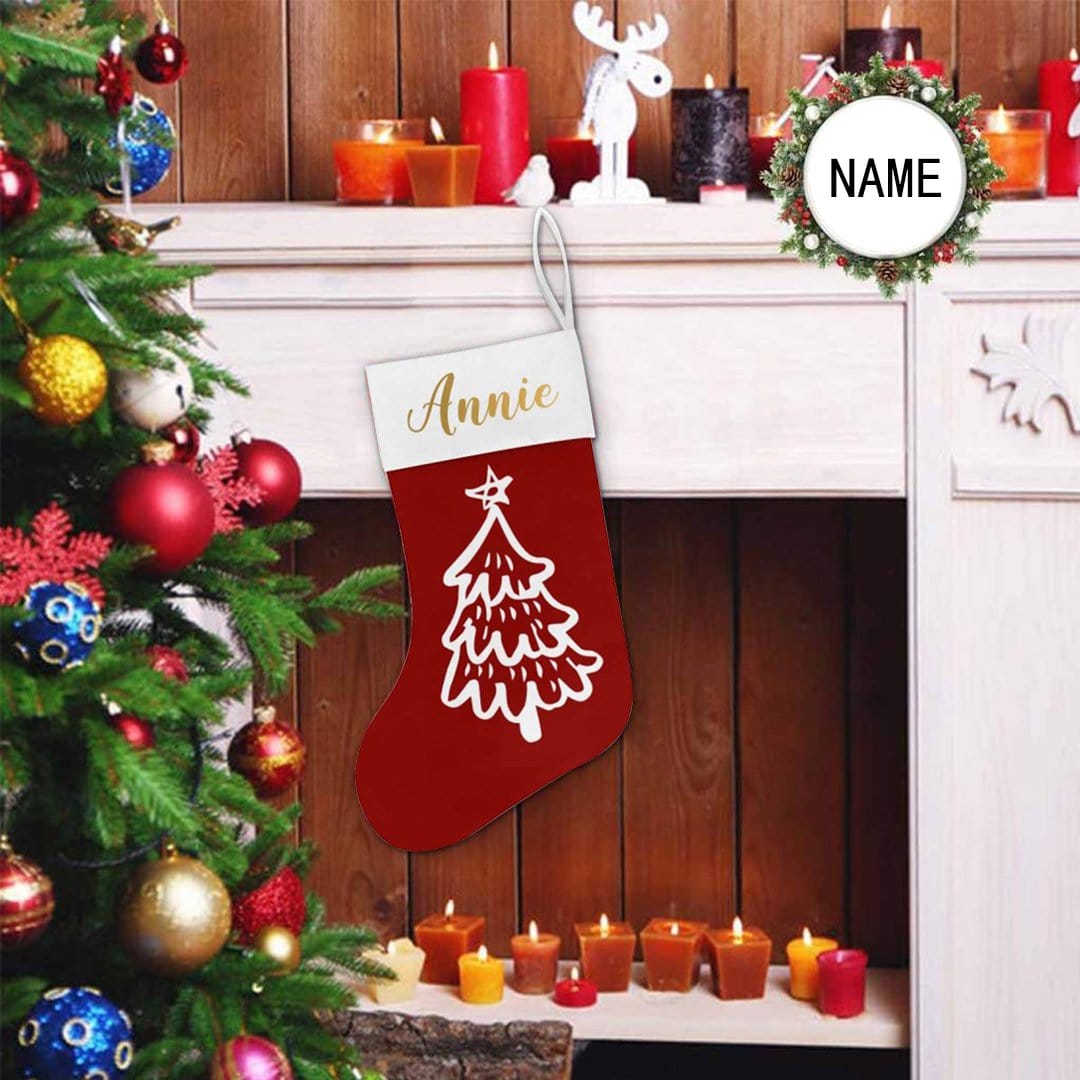 Custom 17.52in(L) Super Size-Custom Name Christmas Tree Red Background Christmas Stocking - YesCustom