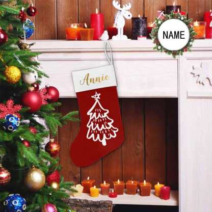 Custom 17.52in(L) Super Size-Custom Name Christmas Tree Red Background Christmas Stocking - YesCustom