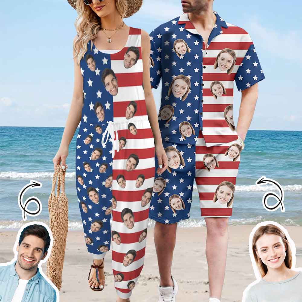 Couple Matching Hawaiian Set Custom Face Men's Hawaiian Shirt Set Women's Jumpsuit For Summer Beach Holiday
