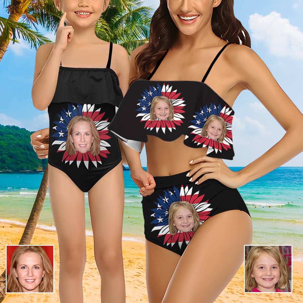 Matching Mother Daughter Swimsuits Custom Face Ruffles Bikini Tropical Prints Matching Swimwear for Beach Vacations