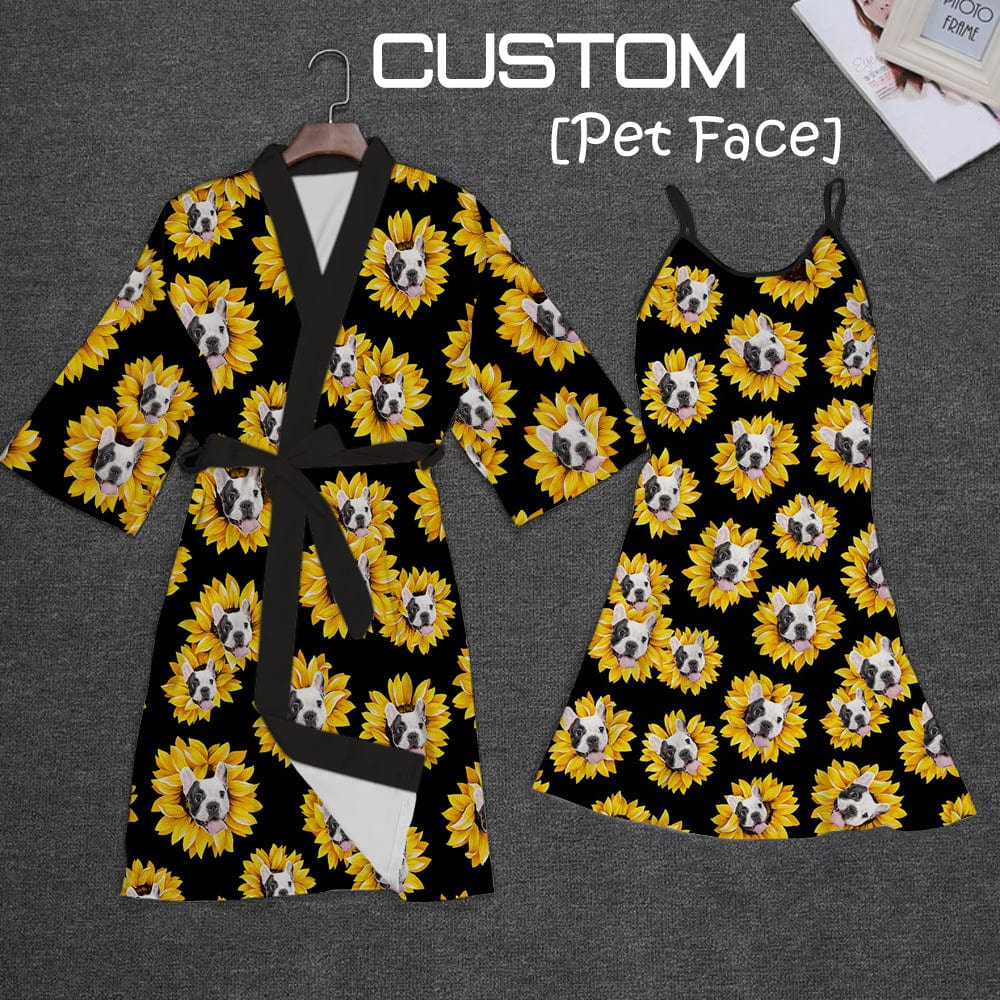 Custom 2 Pcs Face Print Pajamas-Custom Face Pet Dog Flower Sleepwear Personalized Women's Bath Robe &Women's Nightgown - YesCustom