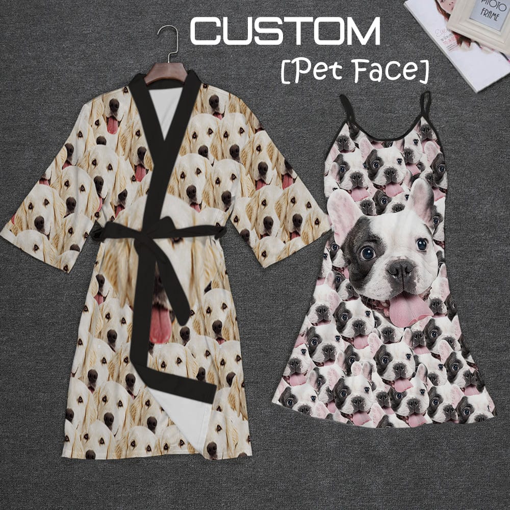 Custom 2 Pcs Face Print Pajamas-Custom Face Pet Dog Seamless Sleepwear Personalized Women's Bath Robe &Women's Nightgown - YesCustom