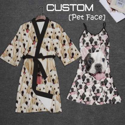 Custom 2 Pcs Face Print Pajamas-Custom Face Pet Dog Seamless Sleepwear Personalized Women's Bath Robe &Women's Nightgown - YesCustom
