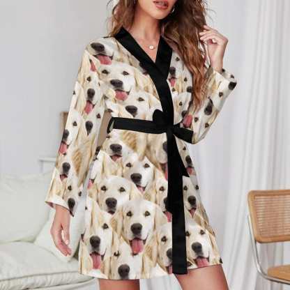 Custom 2 Pcs Face Print Pajamas-Custom Face Pet Dog Seamless Sleepwear Personalized Women's Bath Robe &Women's Nightgown - YesCustom