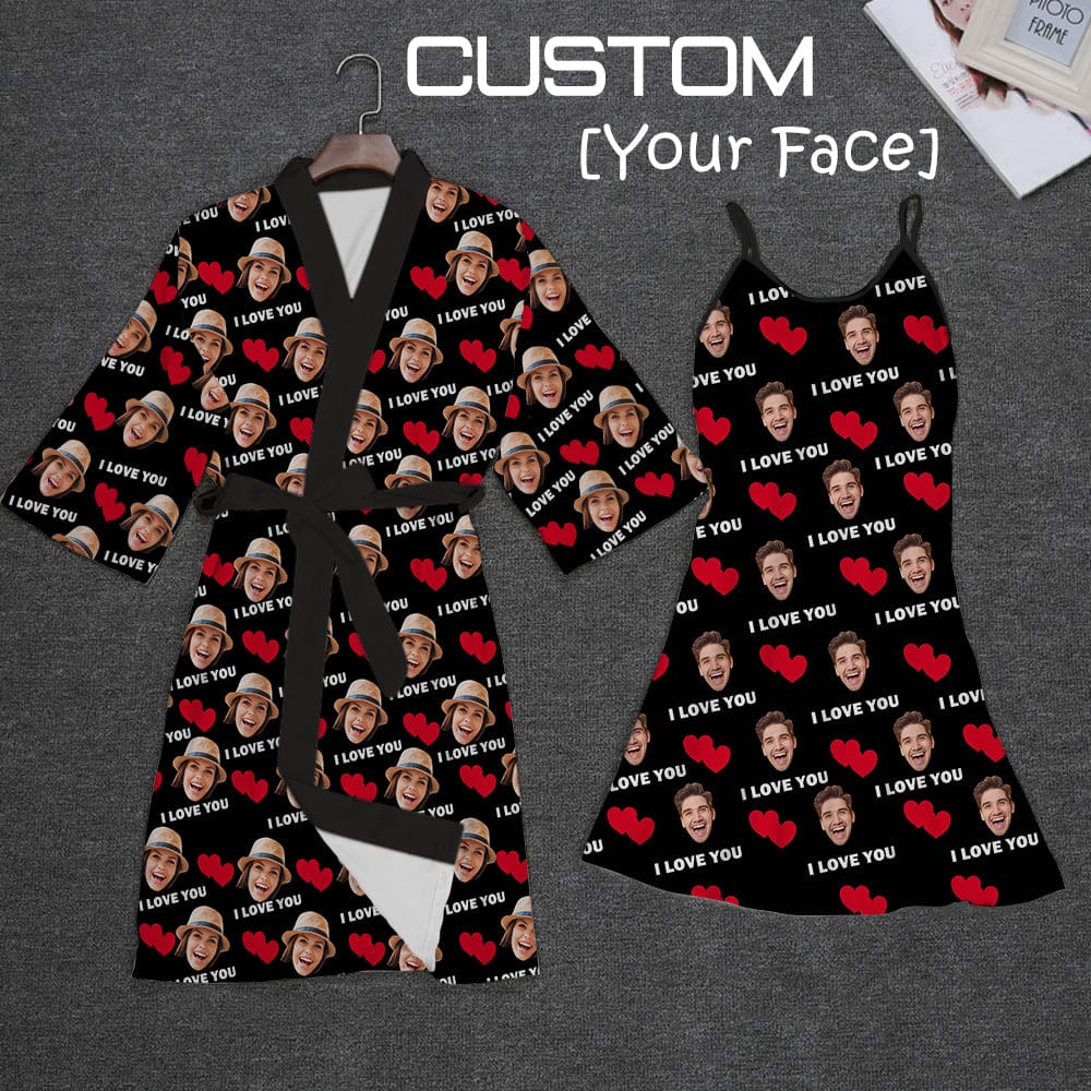 Custom 2 Pcs Face Print Pajamas-Custom Face Red Heart I Love You Sleepwear Personalized Women's Bath Robe &Women's Nightgown - YesCustom
