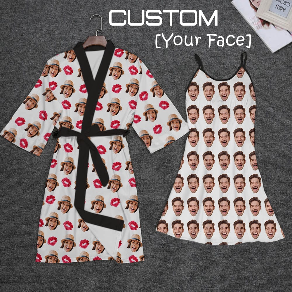Custom 2 Pcs Face Print Pajamas-Custom Face Red Lips Sleepwear Personalized Women's Bath Robe &Women's Nightgown - YesCustom