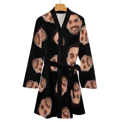Custom 2 Pcs Face Print Pajamas-Custom Husband's Face Sleepwear Personalized Women's Bath Robe &Women's Nightgown - YesCustom