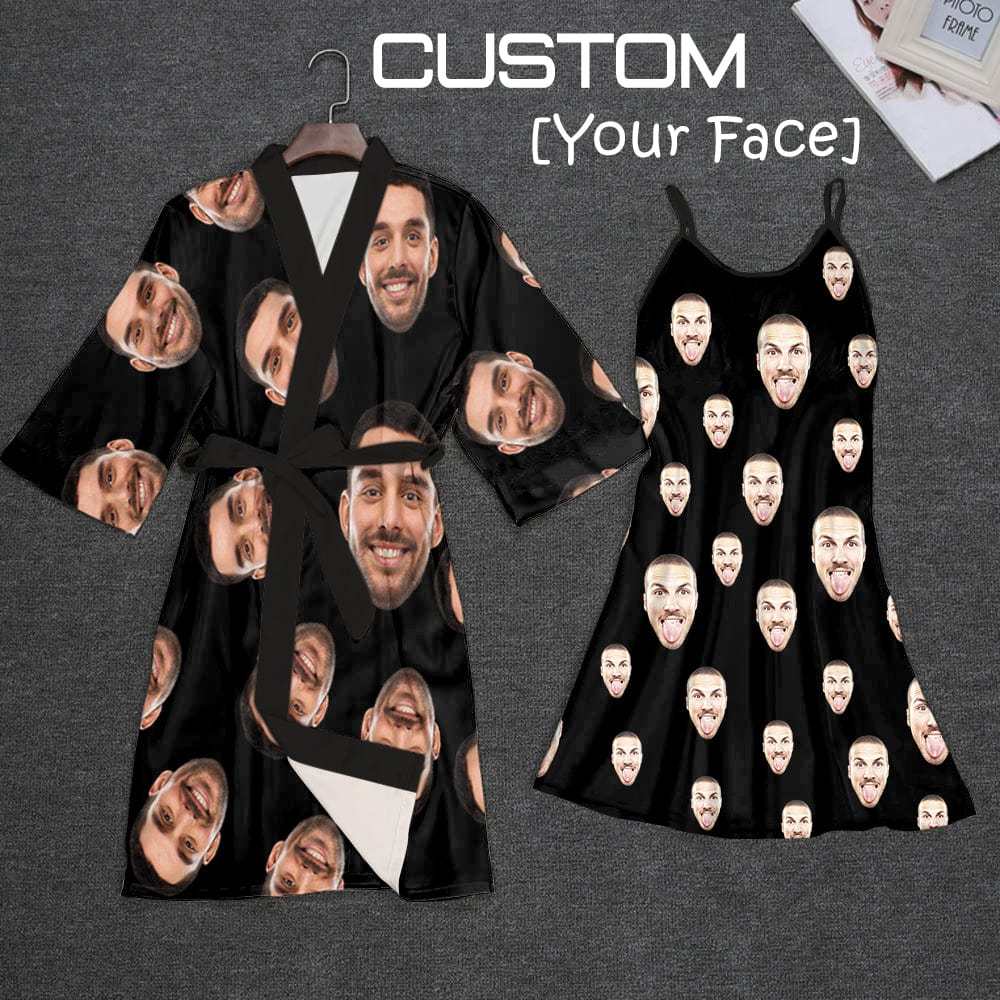 Custom 2 Pcs Face Print Pajamas-Custom Husband's Face Sleepwear Personalized Women's Bath Robe &Women's Nightgown - YesCustom