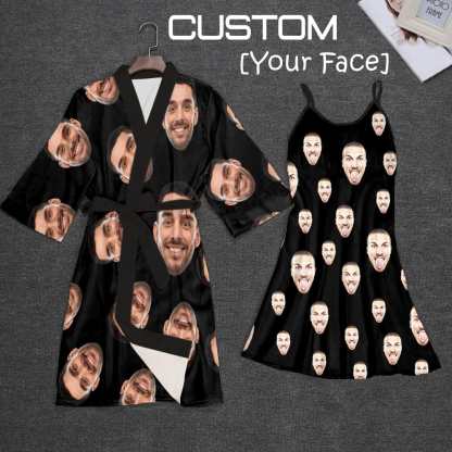 Custom 2 Pcs Face Print Pajamas-Custom Husband's Face Sleepwear Personalized Women's Bath Robe &Women's Nightgown - YesCustom