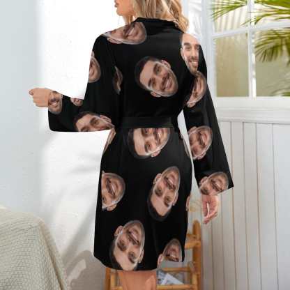 Custom 2 Pcs Face Print Pajamas-Custom Husband's Face Sleepwear Personalized Women's Bath Robe &Women's Nightgown - YesCustom