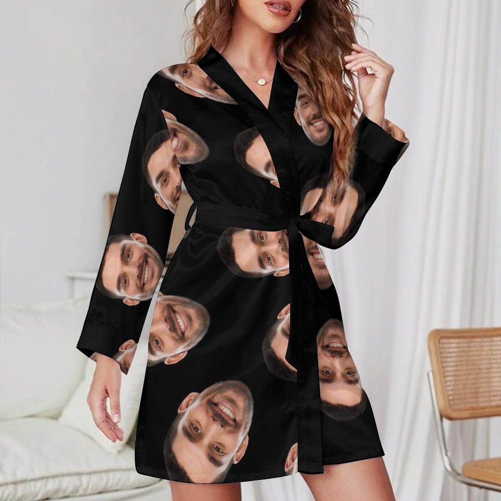 Custom 2 Pcs Face Print Pajamas-Custom Husband's Face Sleepwear Personalized Women's Bath Robe &Women's Nightgown - YesCustom