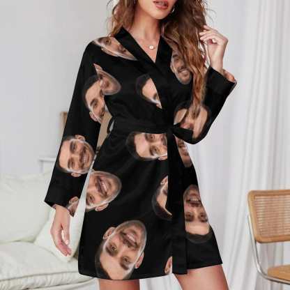 Custom 2 Pcs Face Print Pajamas-Custom Husband's Face Sleepwear Personalized Women's Bath Robe &Women's Nightgown - YesCustom