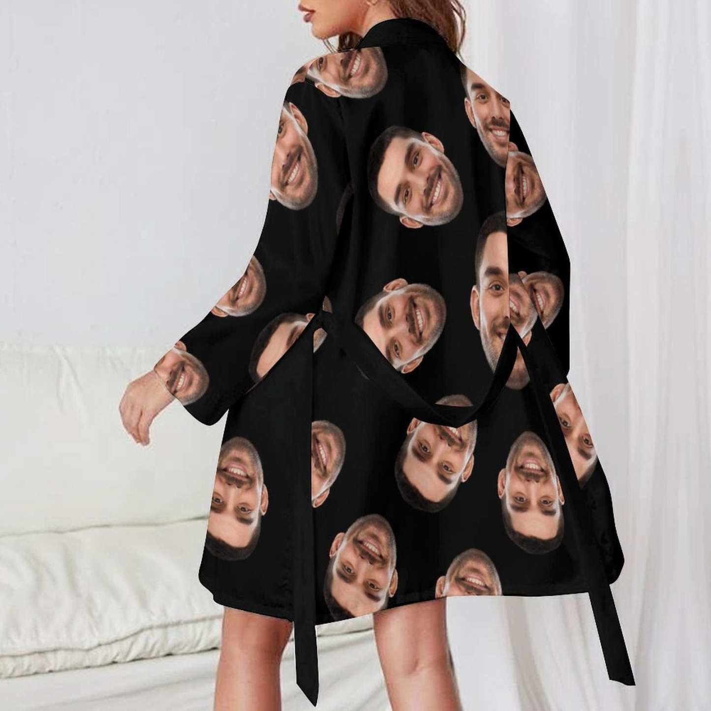 Custom 2 Pcs Face Print Pajamas-Custom Husband's Face Sleepwear Personalized Women's Bath Robe &Women's Nightgown - YesCustom