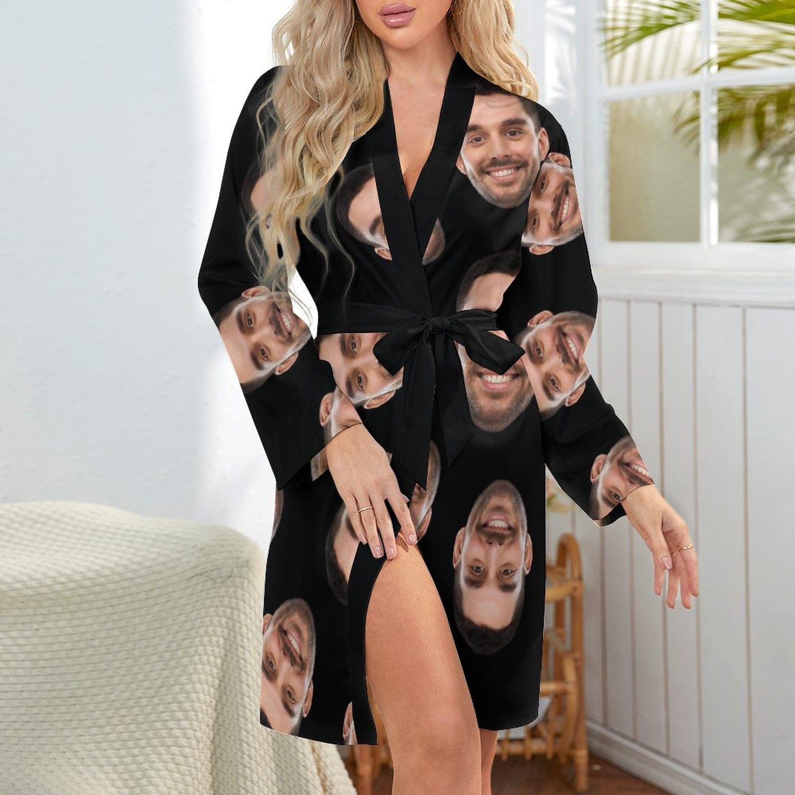 Custom 2 Pcs Face Print Pajamas-Custom Husband's Face Sleepwear Personalized Women's Bath Robe &Women's Nightgown - YesCustom