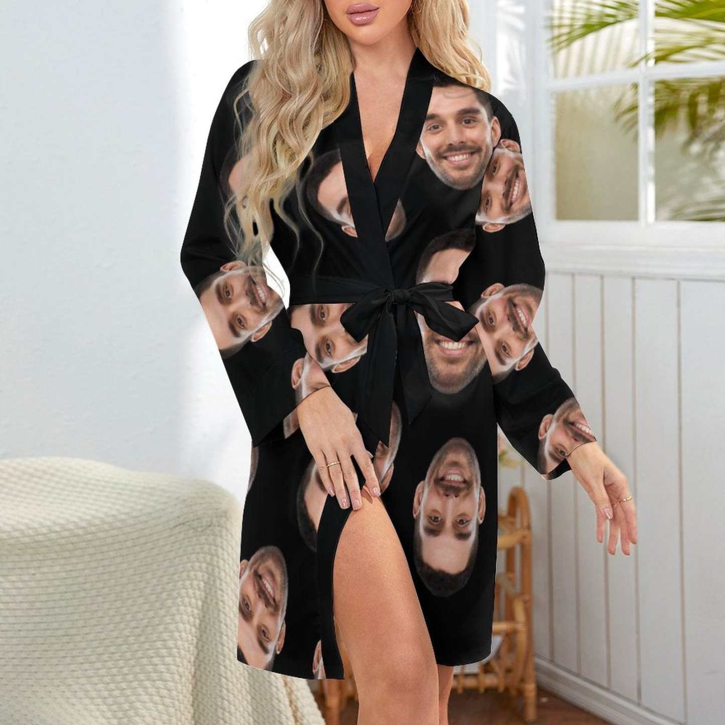 Custom 2 Pcs Face Print Pajamas-Custom Husband's Face Sleepwear Personalized Women's Bath Robe &Women's Nightgown - YesCustom